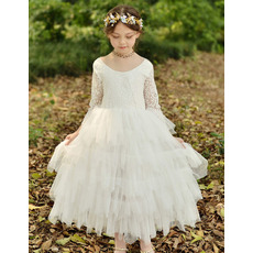 Custom Ankle Length Organza Flower Girl Dresses with Long Lace Sleeves