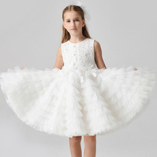 Custom Knee Length Lace Organza Pleated Skirt Flower Girl Dresses