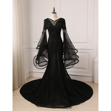 Mermaid Court Train Black Prom Dresses with Trumpet Sleeves