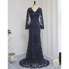 Sexy Sheath V-Neck Floor Length Lace Prom Dresses with Long Sleeves