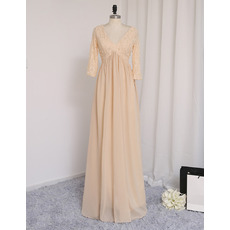 Inexpensive V-Neck Long Chiffon Prom Dresses with 3/4 Long Sleeves