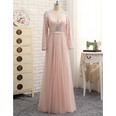 New V-Neck Floor Length Prom/ Formal Dresses with Long Sleeves