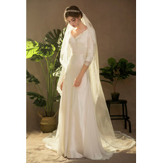 Affordable V-Neck Long Satin Wedding Dresses with 3/4 Long Sleeves