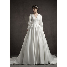 Custom A-Line V-Neck Long Satin Wedding Dresses with Long Sleeves