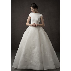 2019 New Style Ball Gown Cap Sleeves Floor Length Satin Wedding Dress