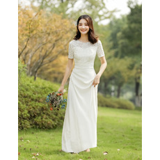 Custom Short Sleeves Floor Length Lace Satin Reception Wedding Dresses