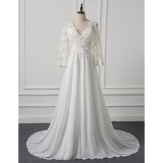 Custom V-Neck Long Chiffon Wedding Dresses with Long Lace Sleeves