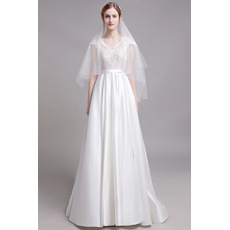 Short Sleeves Floor Length Lace Satin Wedding Dresses