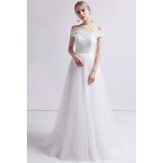 Custom A-Line Off-the-shoulder Floor Length Organza Wedding Dresses