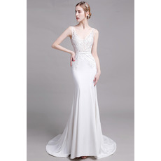 Sexy Mermaid V-Neck Sleeveless Floor Length Lace Satin Bridal Dresses