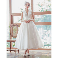 Custom Ball Gown V-Neck Sleeveless Tea Length Satin Wedding Dresses