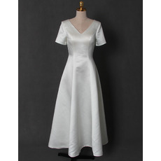 Vintage A-Line V-Neck Tea Length Satin Bridal Dress with Short Sleeves