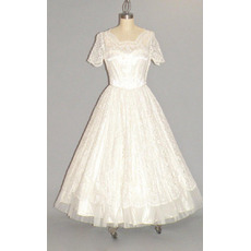 Custom A-Line Tea-Length Lace Bridal Dresses with Short Sleeves