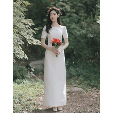 Vintage Column Floor Length Satin Wedding Dresses with Short Sleeves