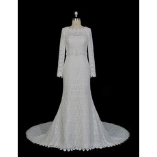 Custom Sheath Floor Length Lace Wedding Dresses with Long Sleeves