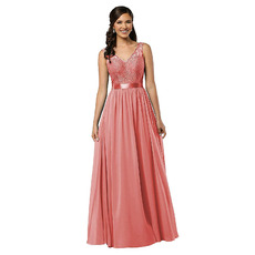 New V-Neck Floor Length Lace Chiffon Bridesmaid Dress with Belt