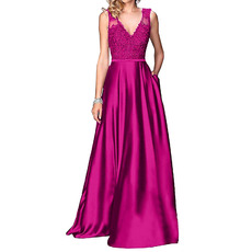 Discount A-Line V-Neck Floor Length Satin Applique Bridesmaid Dresses