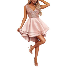 Custom A-Line V-Neck High-Low Short Satin Beading Homecoming Dresses