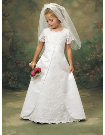 New A-Line Satin Lace First Communion Dresses with Short Sleeves