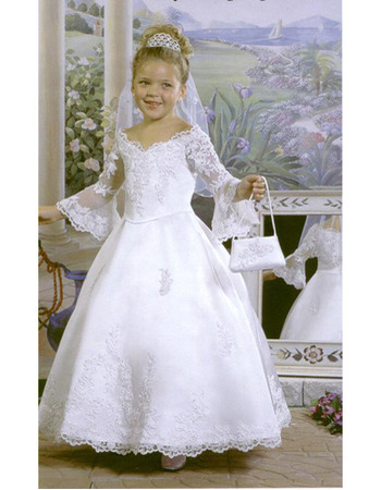 Discount Ball Gown Satin First Holy Communion Dresses with Long Sleeves