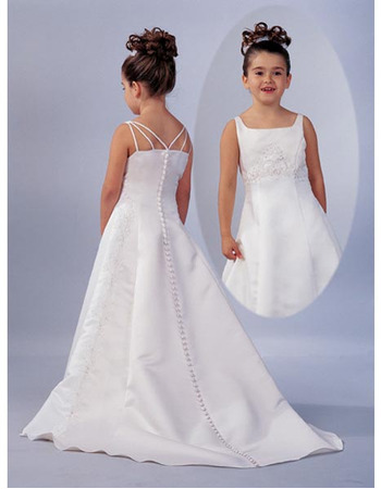 A-Line Square Chapel Train Satin Beading Flower Girl Dress