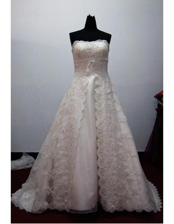 Fashionable and Elegant Exquisite A-Line Strapless Court train Satin Lace Beading Dress for Bride