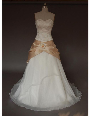 New Style Ladylike Elegant and Popular A-Line Sweetheart Court train Satin Organza Beading Dress for Bride/Bridal Gown