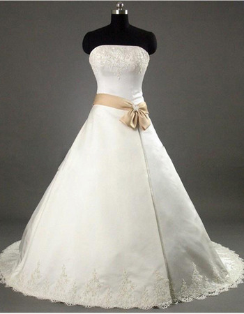 Elegant A-Line Strapless Court train Satin Beading Lace Embroidered with Bow Girdle Wedding Dress