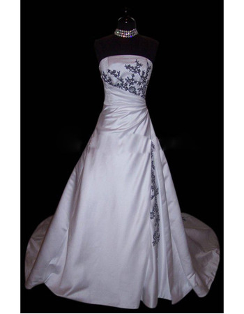 Custom Elegant and Exquisite A-Line Strapless Court train Satin Embroider Beading Dress for Bride/Bridal Gown