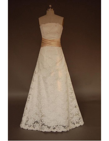 Elegant Lace A-Line Strapless Floor Length Wedding Dresses with Sashes