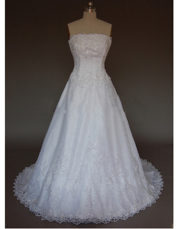 Ladylike and Exquisite A-Line Strapless Court train Satin Organza Lace Dress for Bride