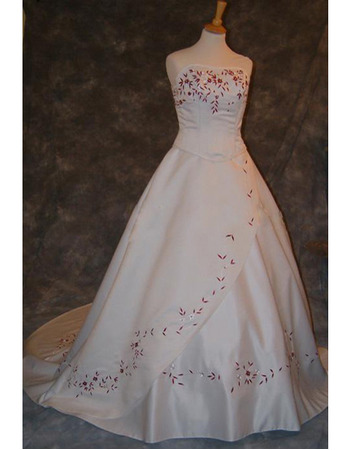 Style Fashionable and Exquisite A-Line Strapless Court train Satin Embroider Dress for Bride/Bridal Gown