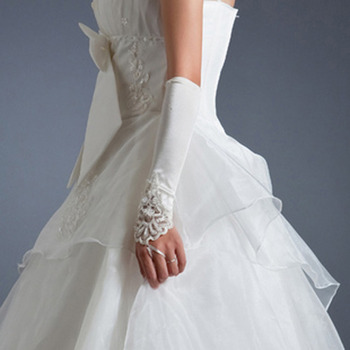 Elbow White Satin Wedding Gloves with Embroidery