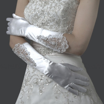 Elbow Satin Ivory Wedding Gloves with Applique