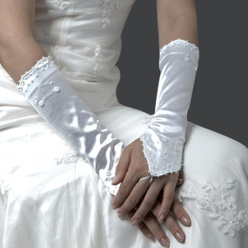 Satin Ivory Hollow Out Wedding Gloves with Beading