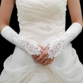Elbow Satin Ivory Wedding Gloves with Embroidery