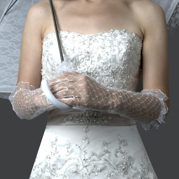 Elbow Tulle White Wedding Gloves with Ruffle