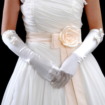 Elbow Ivory Satin Wedding Gloves with Bowknot