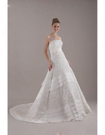 A-line Strapless Chapel Train Satin Lace Applique Wedding Dress