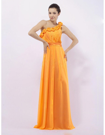 Inexpensive One Shoulder Orange Chiffon Long Bridesmaid Dresses