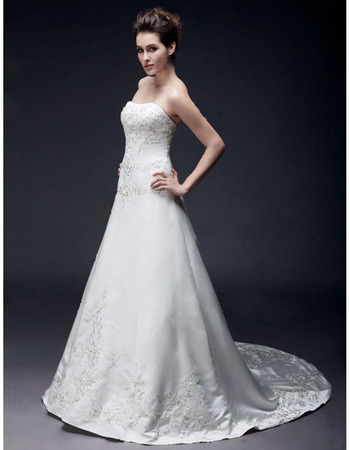 A-line Sweetheart Chapel Train Satin Organza Wedding Dress