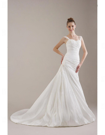 A-line Straps Chapel Train Satin Taffeta Ruffles Wedding Dress