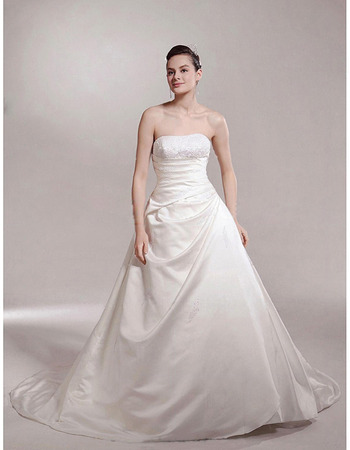 A-line Strapless Chapel Train Sleeveless Satin Luxury Wedding Dress