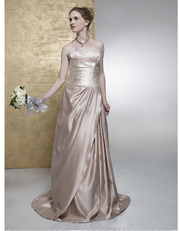 Column/ Sheath Strapless Chapel Train Satin Wedding Dress