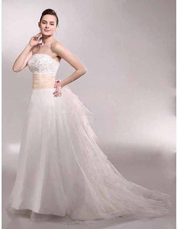 A-line Strapless Chapel Train Sleeveless Satin Luxury Wedding Dress