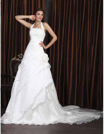 A-line Halter Court Train Satin Organza Wedding Dress