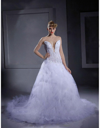 A-line Strapless Chapel Train Satin Tulle Wedding Dress