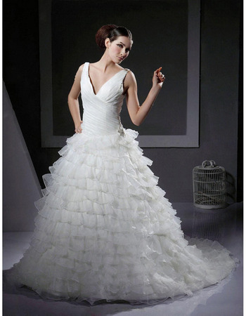 A-line Strapless Chapel Train Satin Tulle Wedding Dress