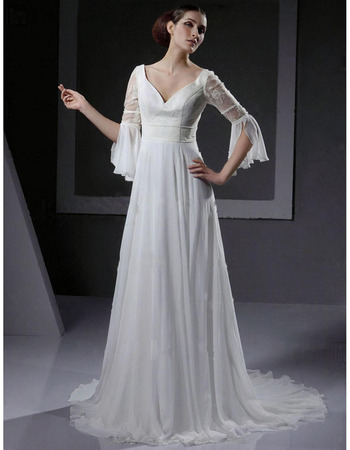 Elegant Empire V-Neck Chapel Train Chiffon Wedding Dresses with 3/4 Length Sleeves