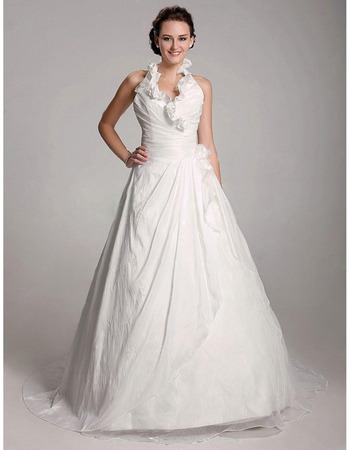 A-line Halter Chapel Train Taffeta Organza Wedding Dress